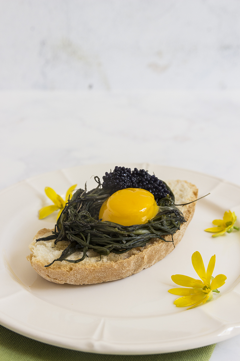 Crostini con agretti e tuorlo fondente
